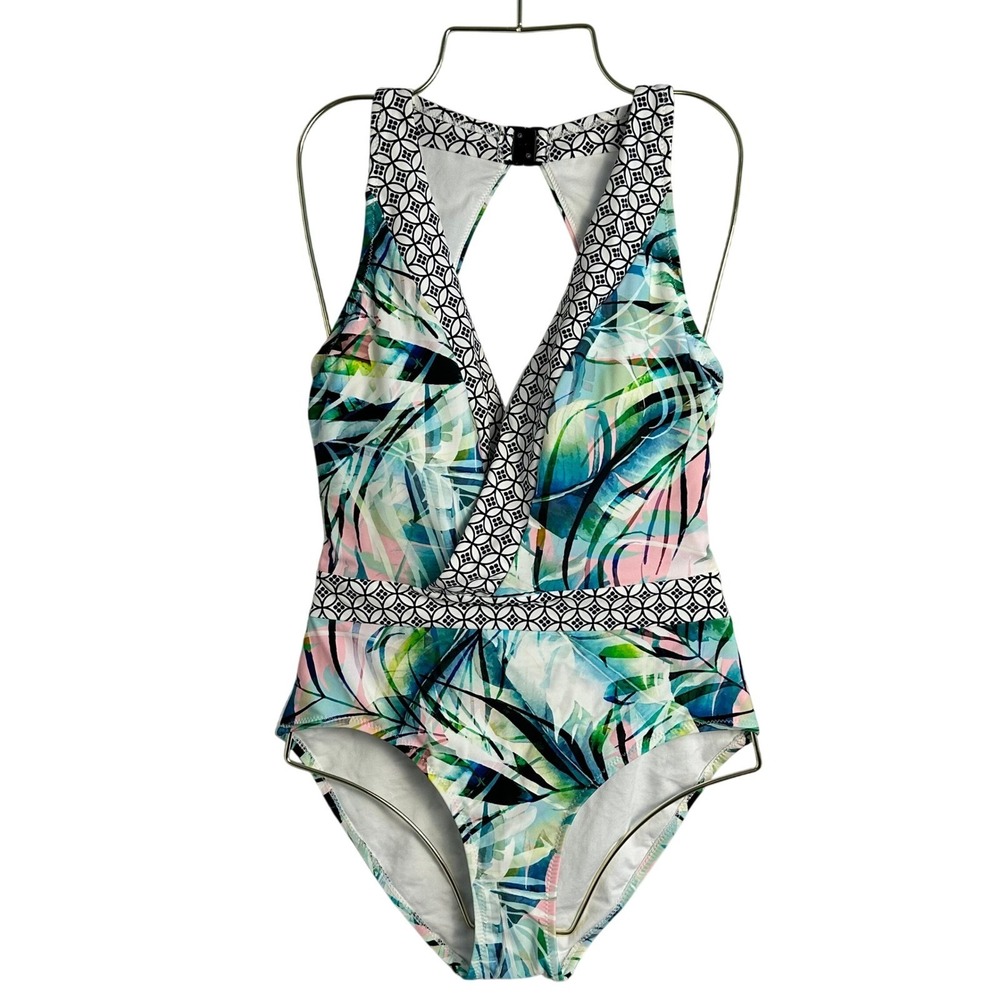 NWT Swimsuits For All One Piece 8 Multicolor Tropical Palm Keyhole Resort‎